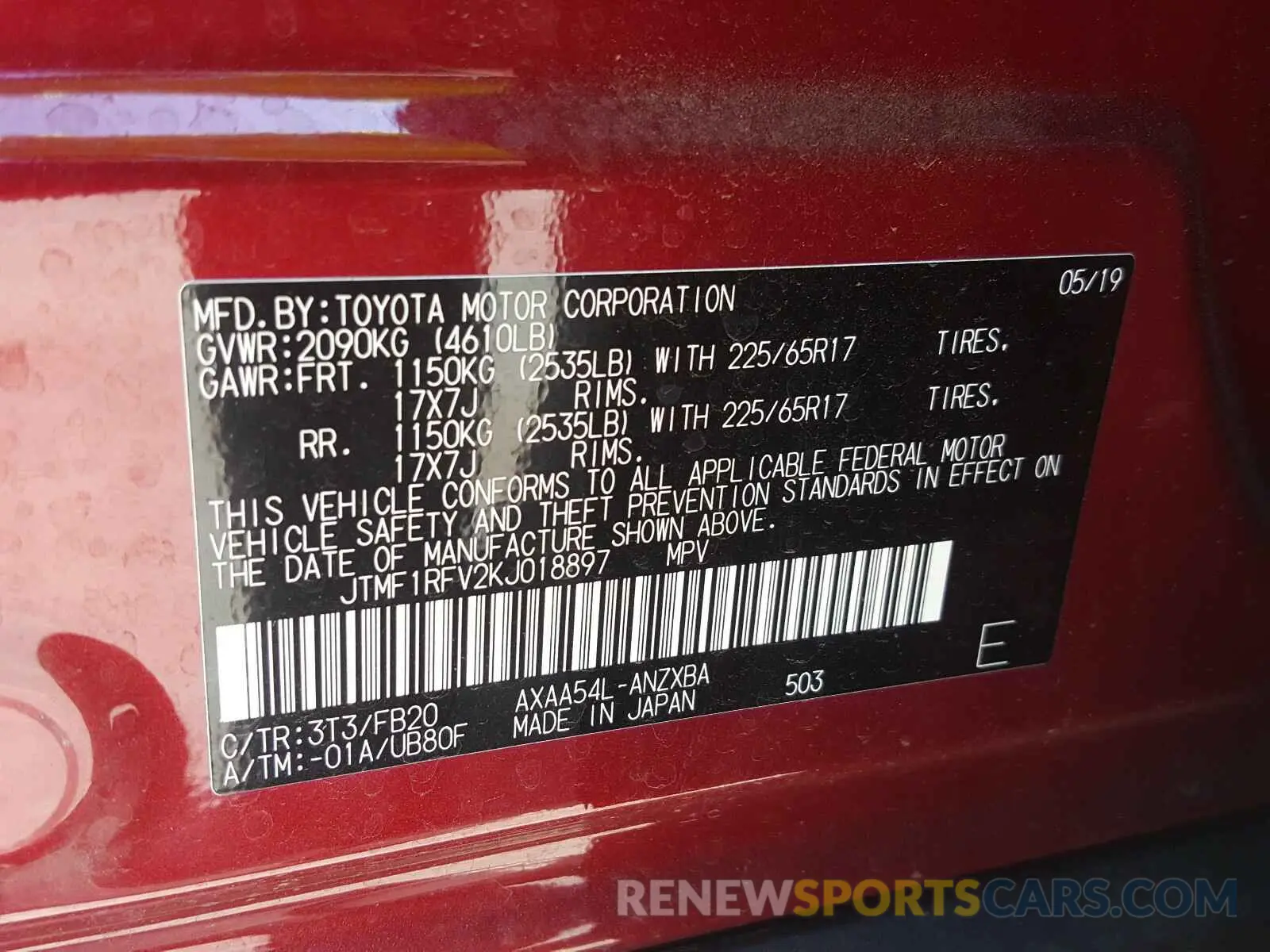 10 Photograph of a damaged car JTMF1RFV2KJ018897 TOYOTA RAV4 2019
