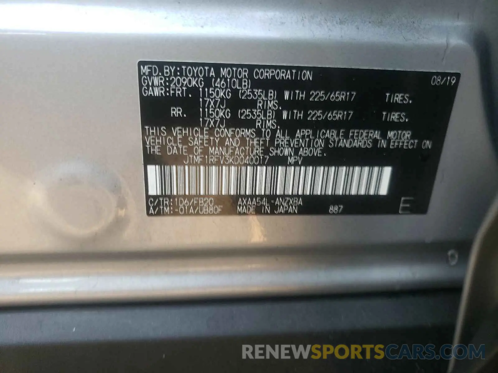 10 Photograph of a damaged car JTMF1RFV3KD040017 TOYOTA RAV4 2019