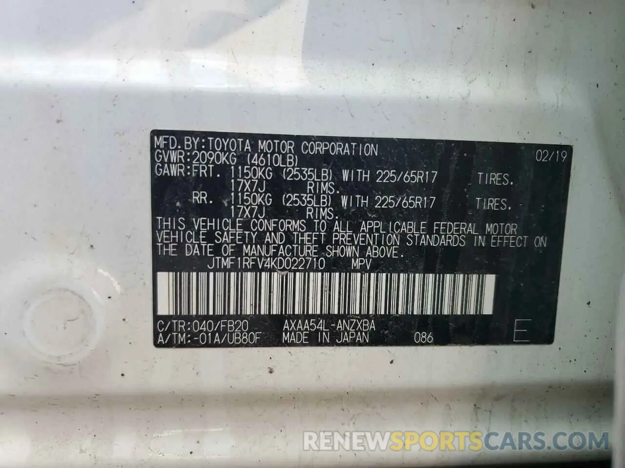 13 Фотография поврежденного автомобиля JTMF1RFV4KD022710 TOYOTA RAV4 2019