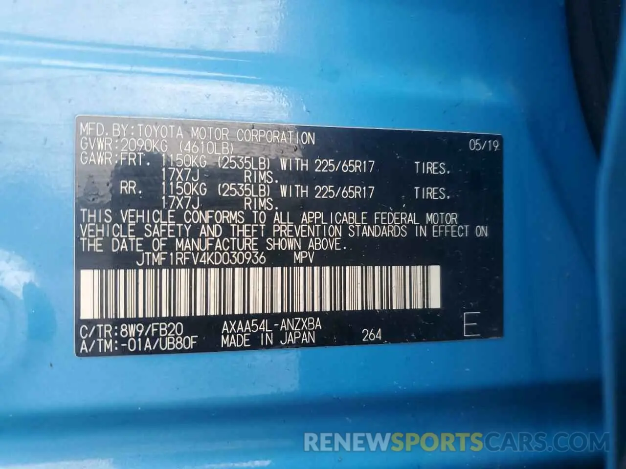 13 Фотография поврежденного автомобиля JTMF1RFV4KD030936 TOYOTA RAV4 2019
