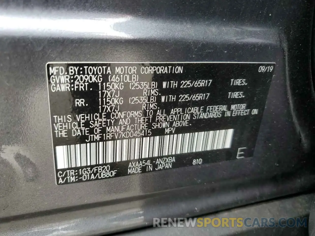 13 Фотография поврежденного автомобиля JTMF1RFV7KD045415 TOYOTA RAV4 2019
