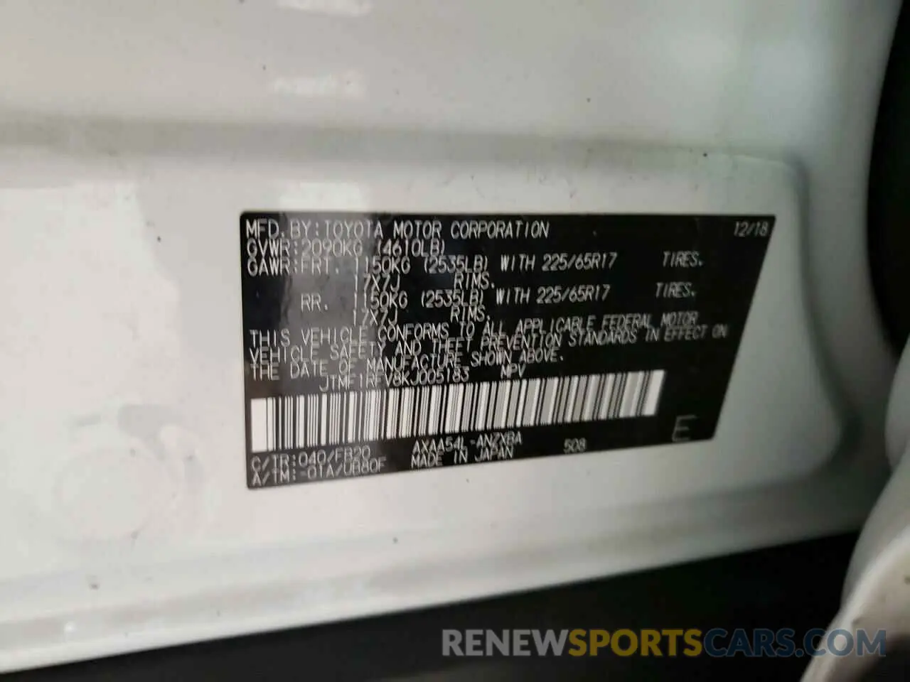 12 Photograph of a damaged car JTMF1RFV8KJ005183 TOYOTA RAV4 2019