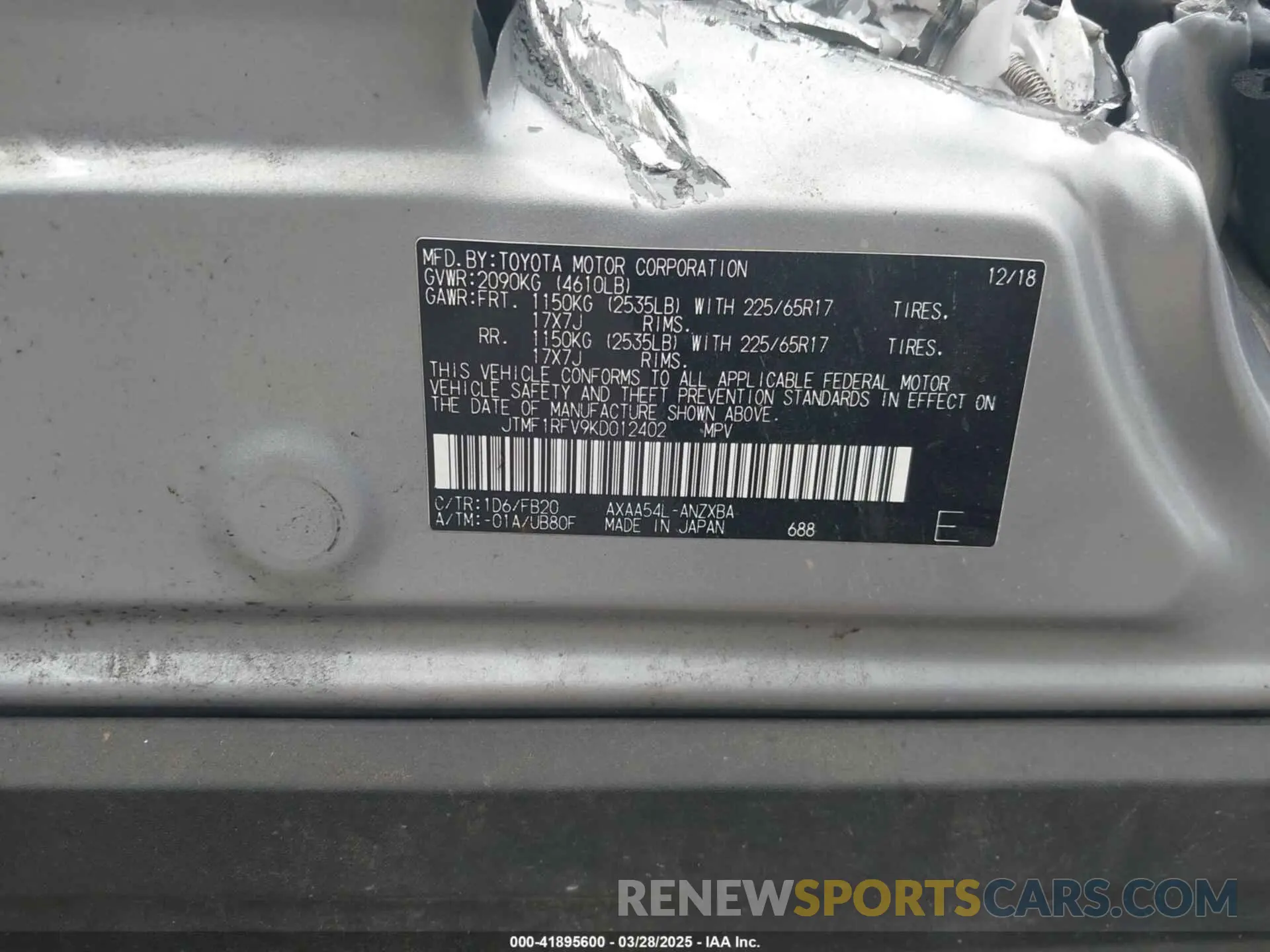 9 Фотография поврежденного автомобиля JTMF1RFV9KD012402 TOYOTA RAV4 2019