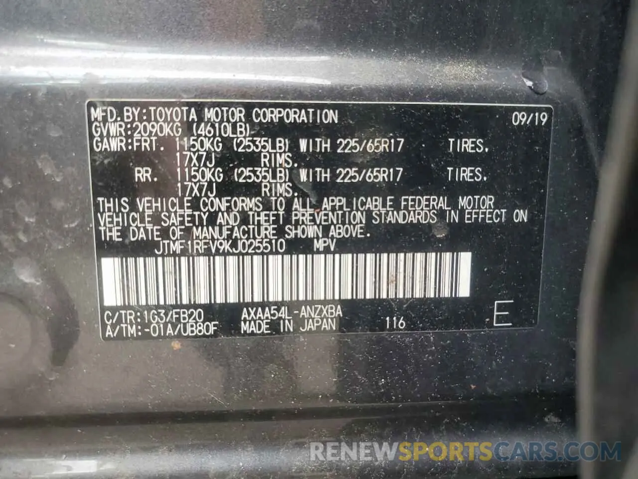 13 Photograph of a damaged car JTMF1RFV9KJ025510 TOYOTA RAV4 2019