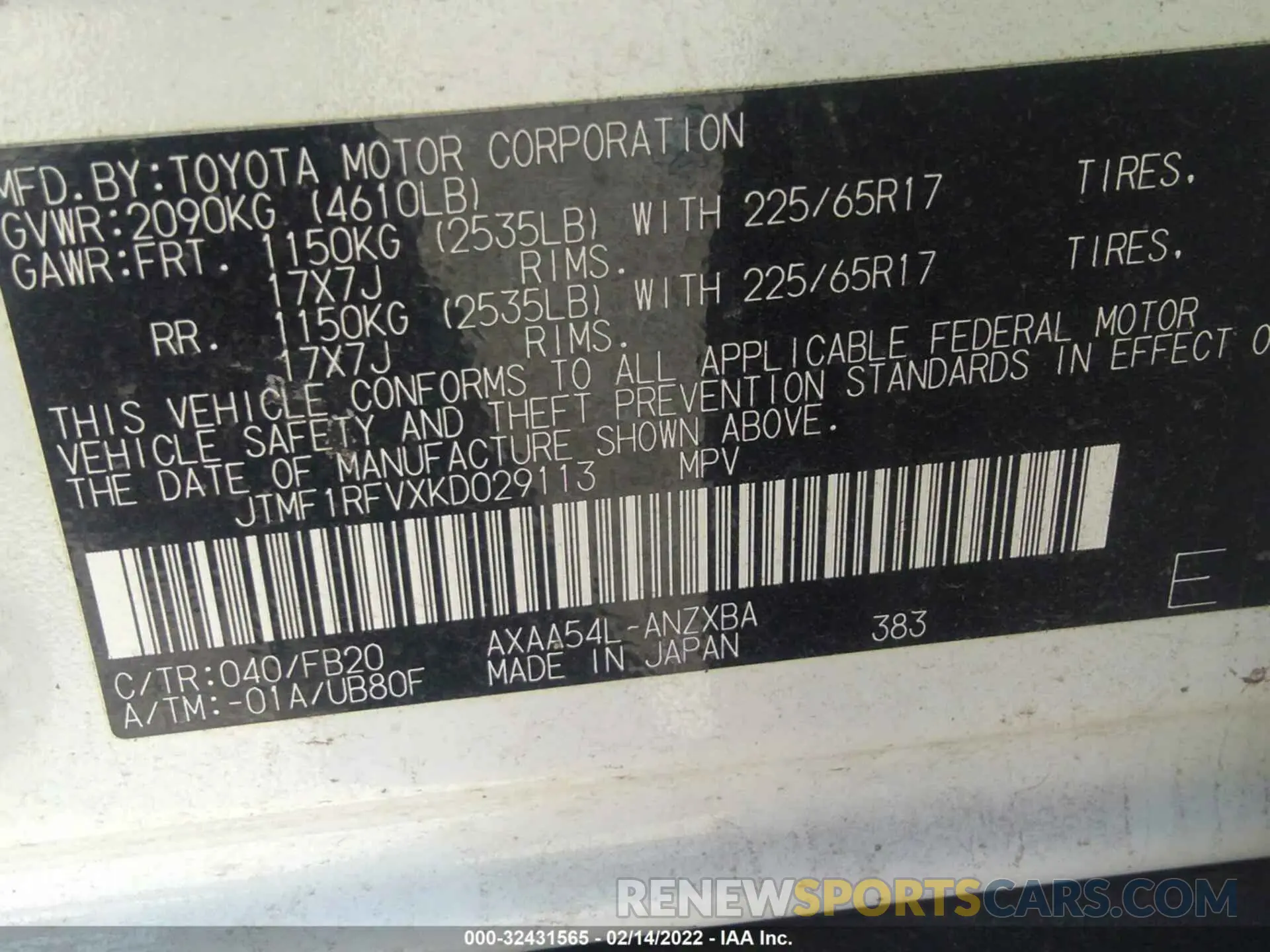 9 Photograph of a damaged car JTMF1RFVXKD029113 TOYOTA RAV4 2019