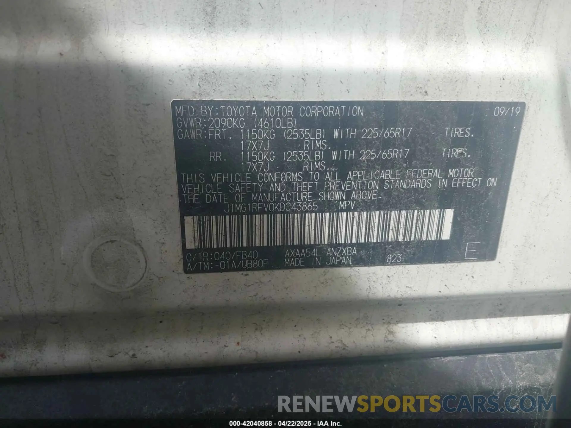 9 Фотография поврежденного автомобиля JTMG1RFV0KD043865 TOYOTA RAV4 2019