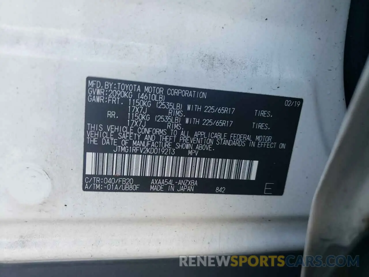 13 Photograph of a damaged car JTMG1RFV2KD019213 TOYOTA RAV4 2019