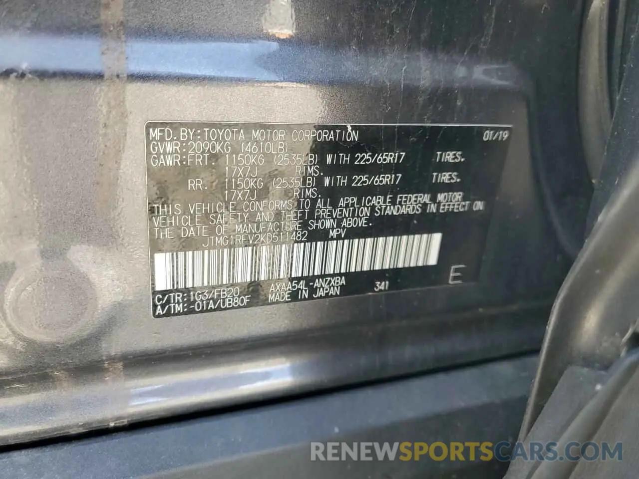 13 Фотография поврежденного автомобиля JTMG1RFV2KD511482 TOYOTA RAV4 2019
