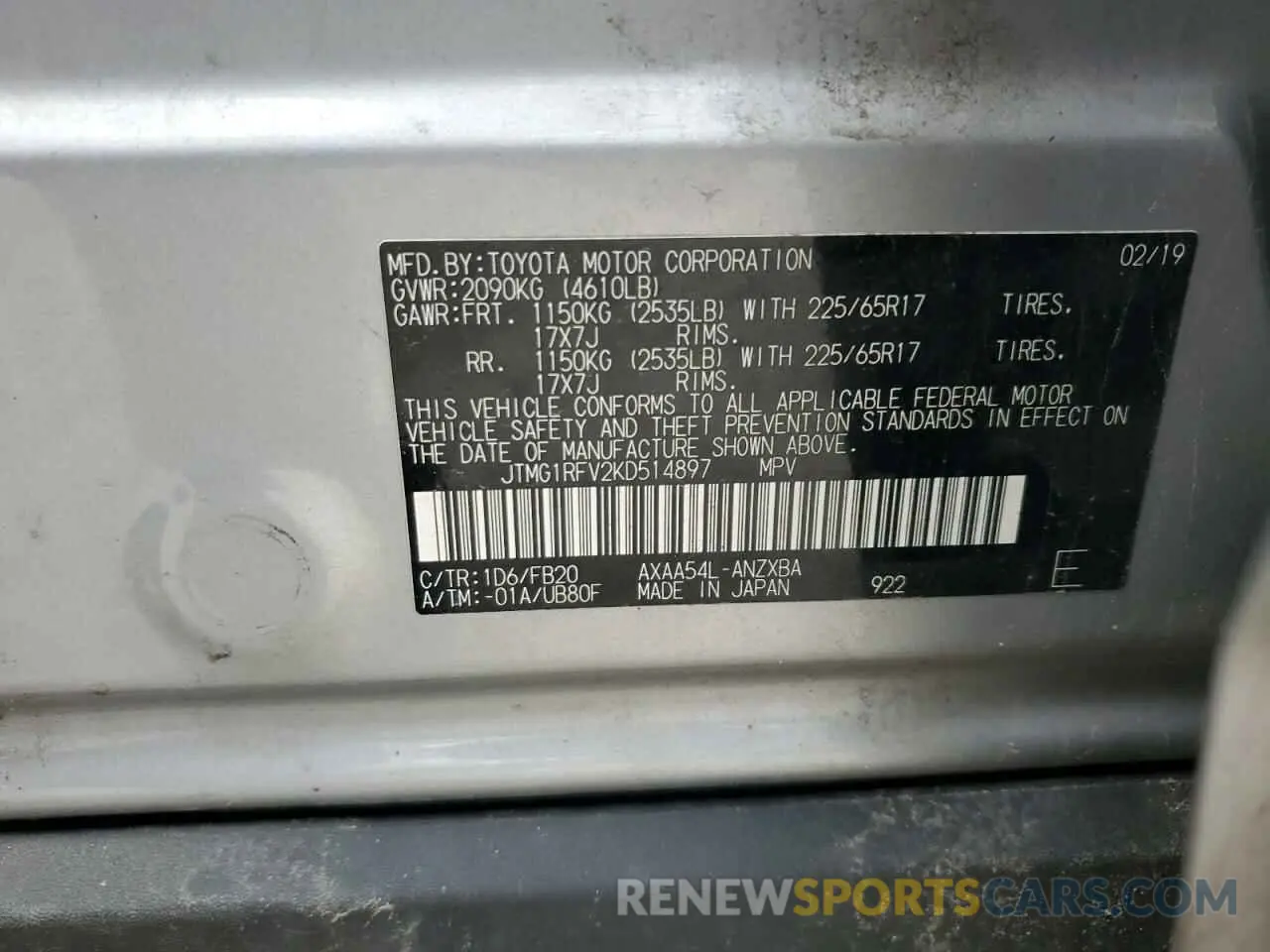 13 Фотография поврежденного автомобиля JTMG1RFV2KD514897 TOYOTA RAV4 2019