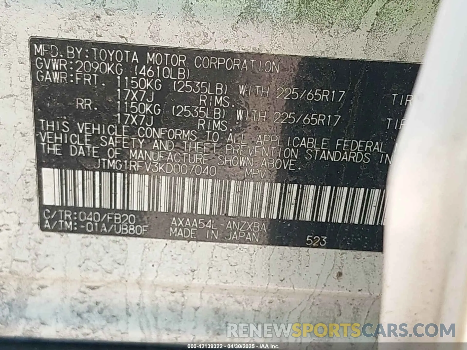 9 Фотография поврежденного автомобиля JTMG1RFV3KD007040 TOYOTA RAV4 2019