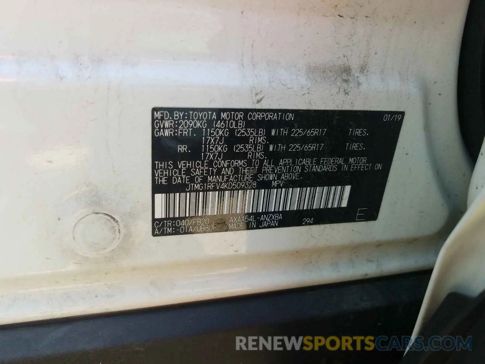 10 Photograph of a damaged car JTMG1RFV4KD509328 TOYOTA RAV4 2019