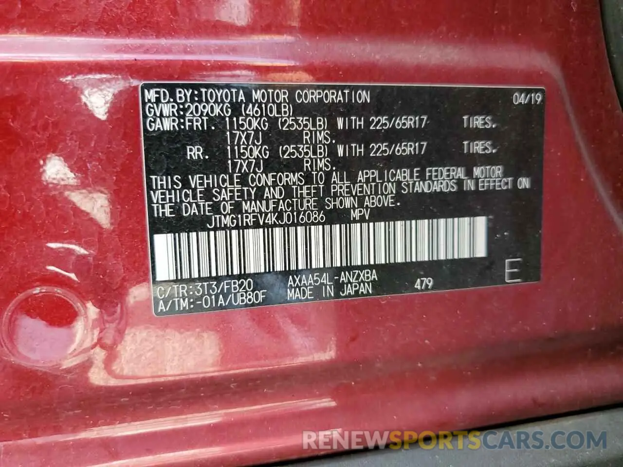 13 Photograph of a damaged car JTMG1RFV4KJ016086 TOYOTA RAV4 2019