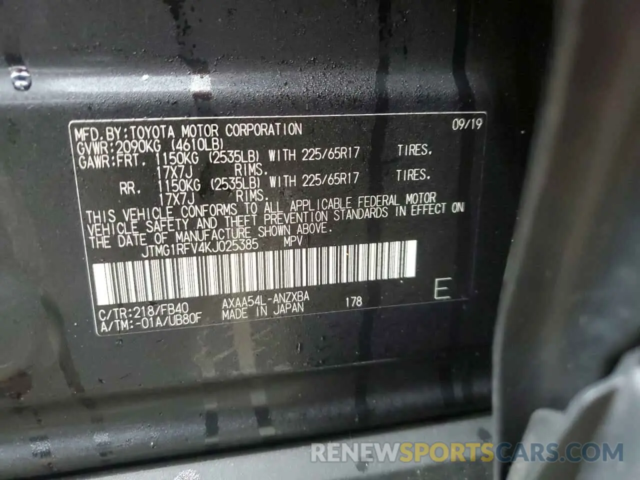 10 Фотография поврежденного автомобиля JTMG1RFV4KJ025385 TOYOTA RAV4 2019