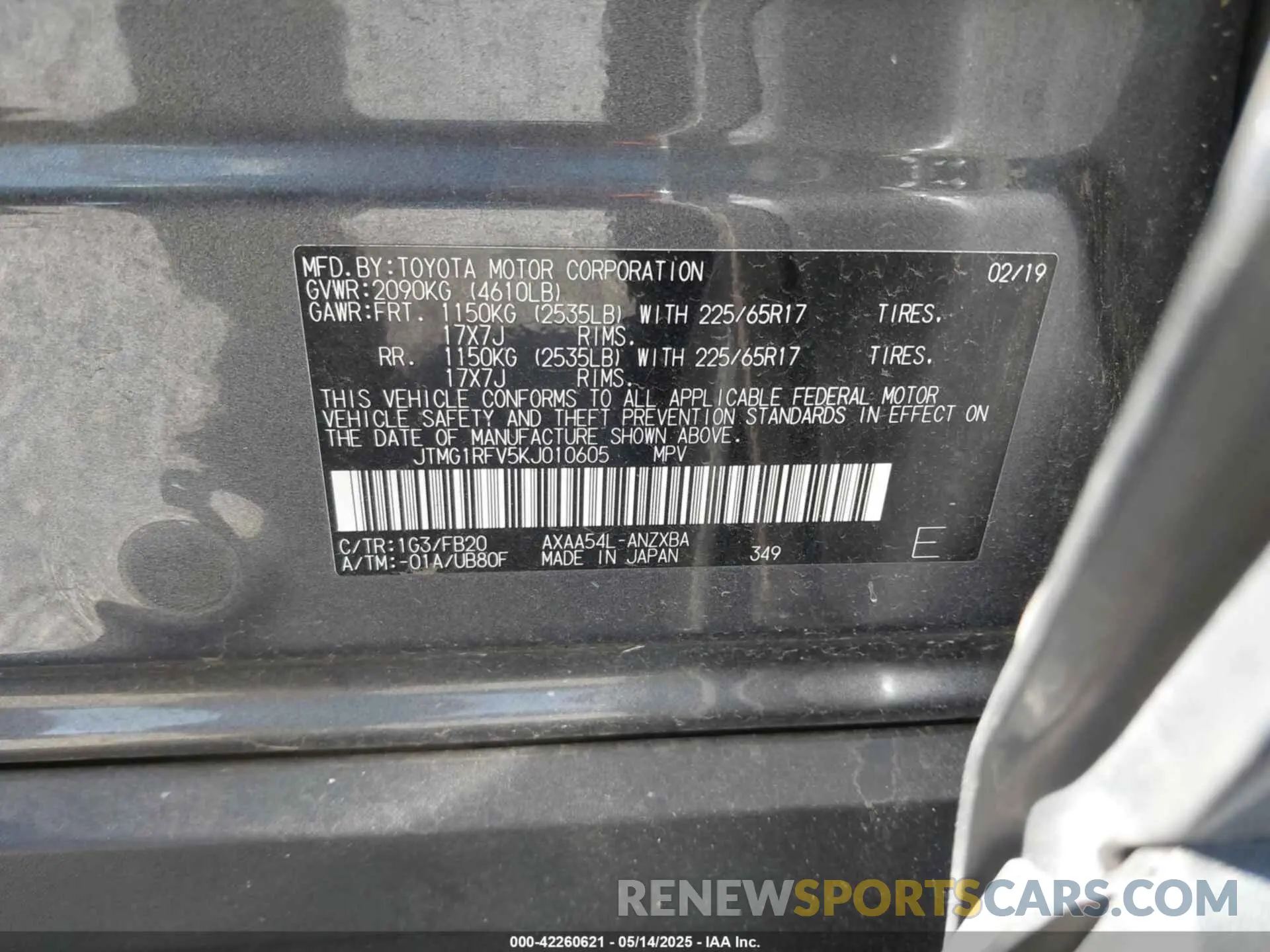 9 Фотография поврежденного автомобиля JTMG1RFV5KJ010605 TOYOTA RAV4 2019