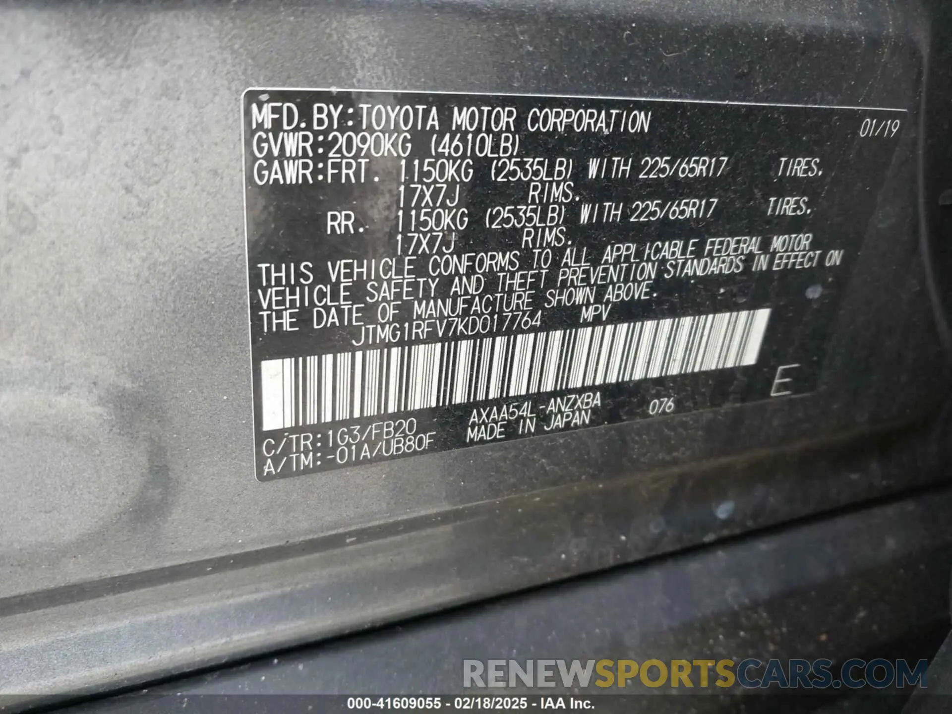 9 Фотография поврежденного автомобиля JTMG1RFV7KD017764 TOYOTA RAV4 2019