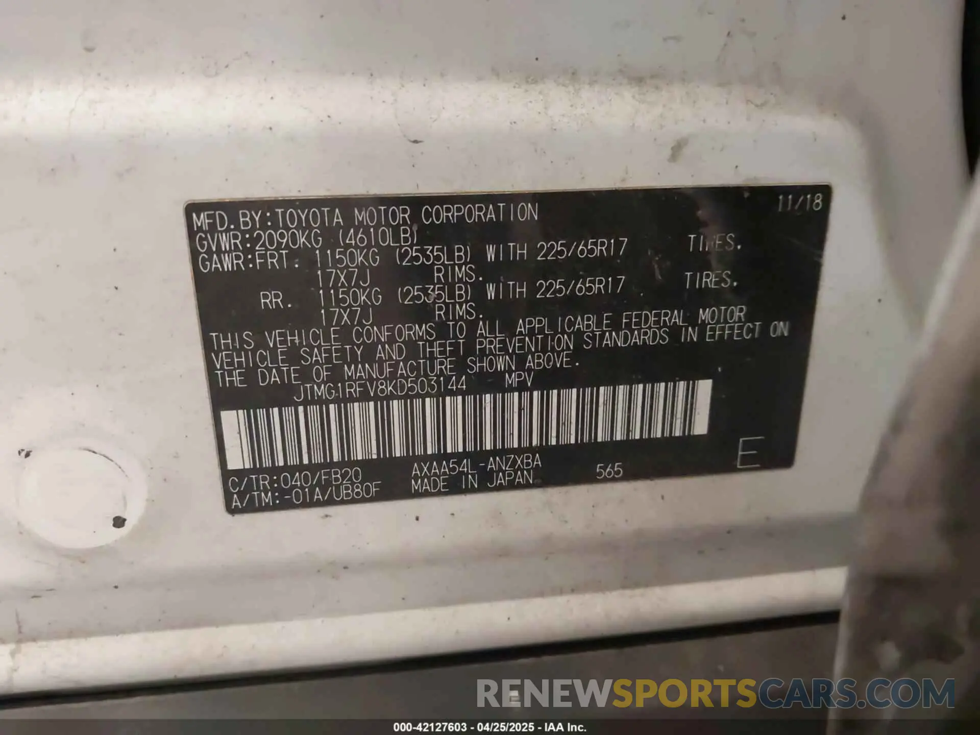 9 Photograph of a damaged car JTMG1RFV8KD503144 TOYOTA RAV4 2019
