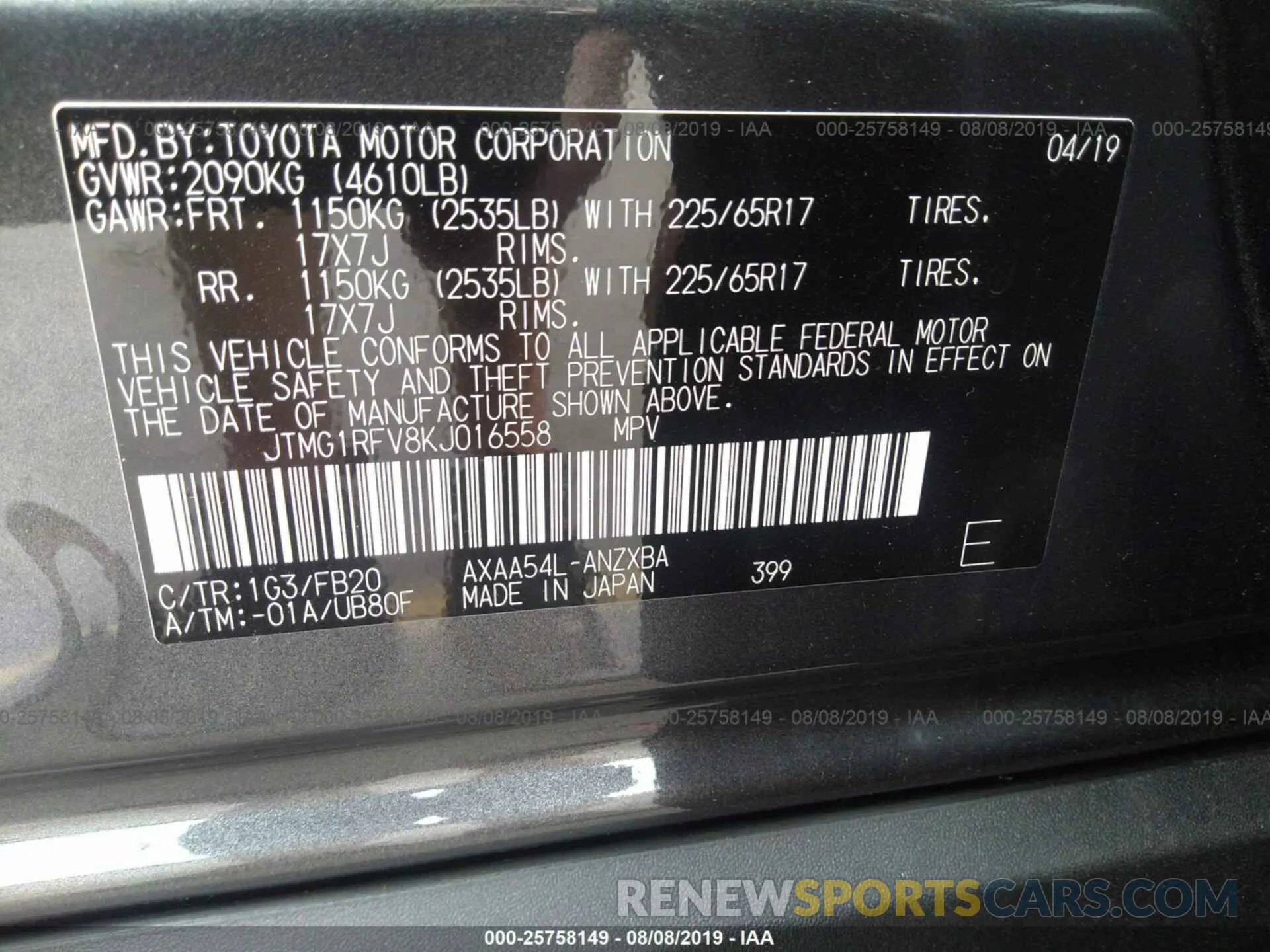 9 Photograph of a damaged car JTMG1RFV8KJ016558 TOYOTA RAV4 2019