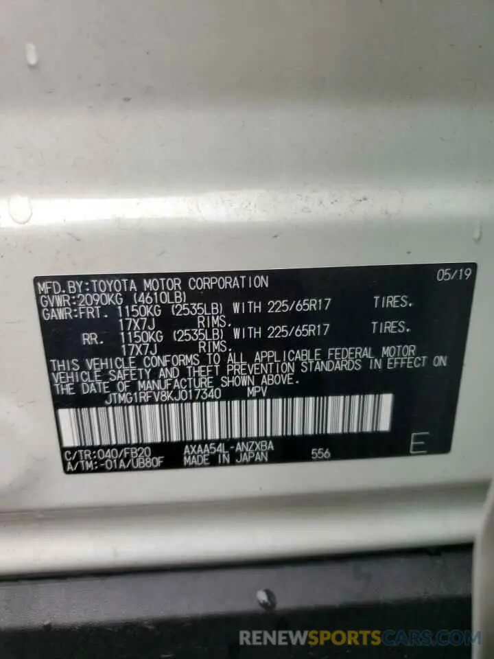 10 Photograph of a damaged car JTMG1RFV8KJ017340 TOYOTA RAV4 2019