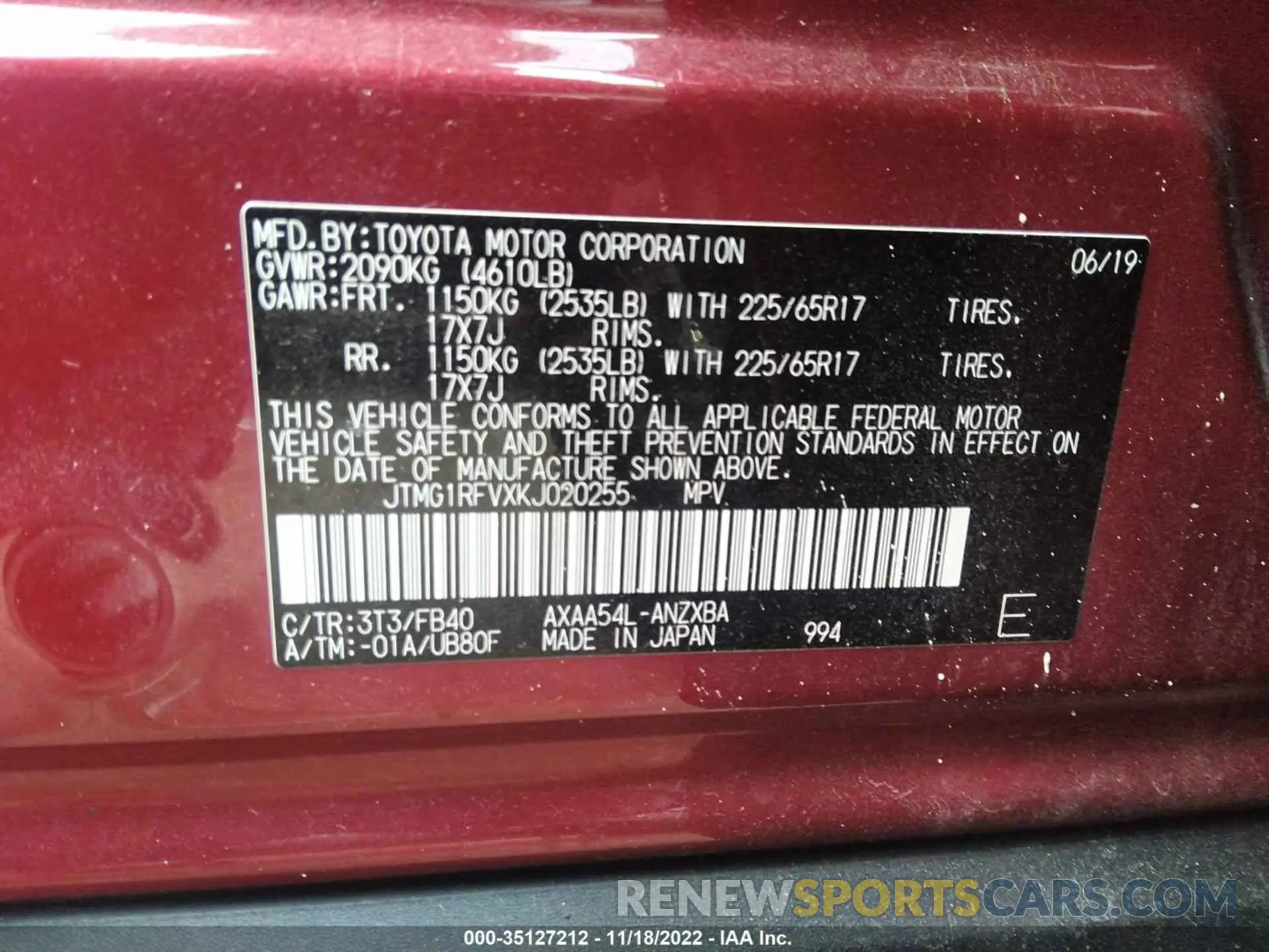 9 Фотография поврежденного автомобиля JTMG1RFVXKJ020255 TOYOTA RAV4 2019