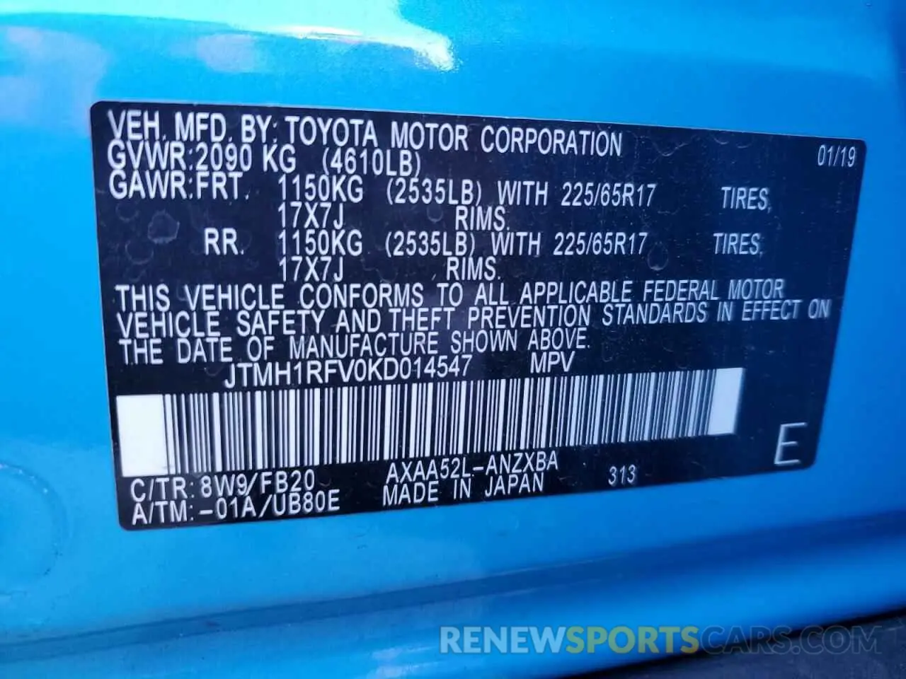 13 Фотография поврежденного автомобиля JTMH1RFV0KD014547 TOYOTA RAV4 2019