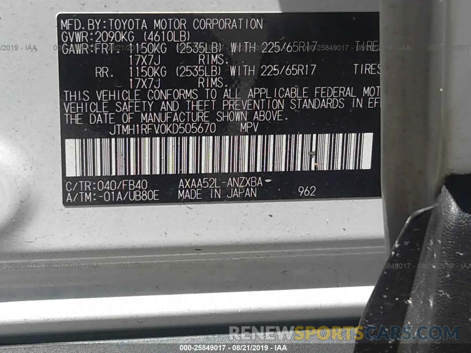 9 Photograph of a damaged car JTMH1RFV0KD505670 TOYOTA RAV4 2019