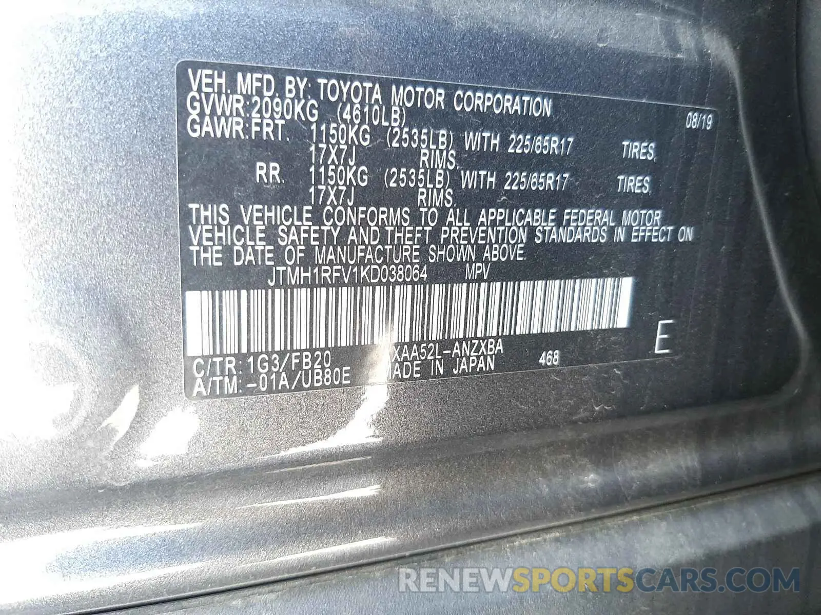 10 Photograph of a damaged car JTMH1RFV1KD038064 TOYOTA RAV4 2019