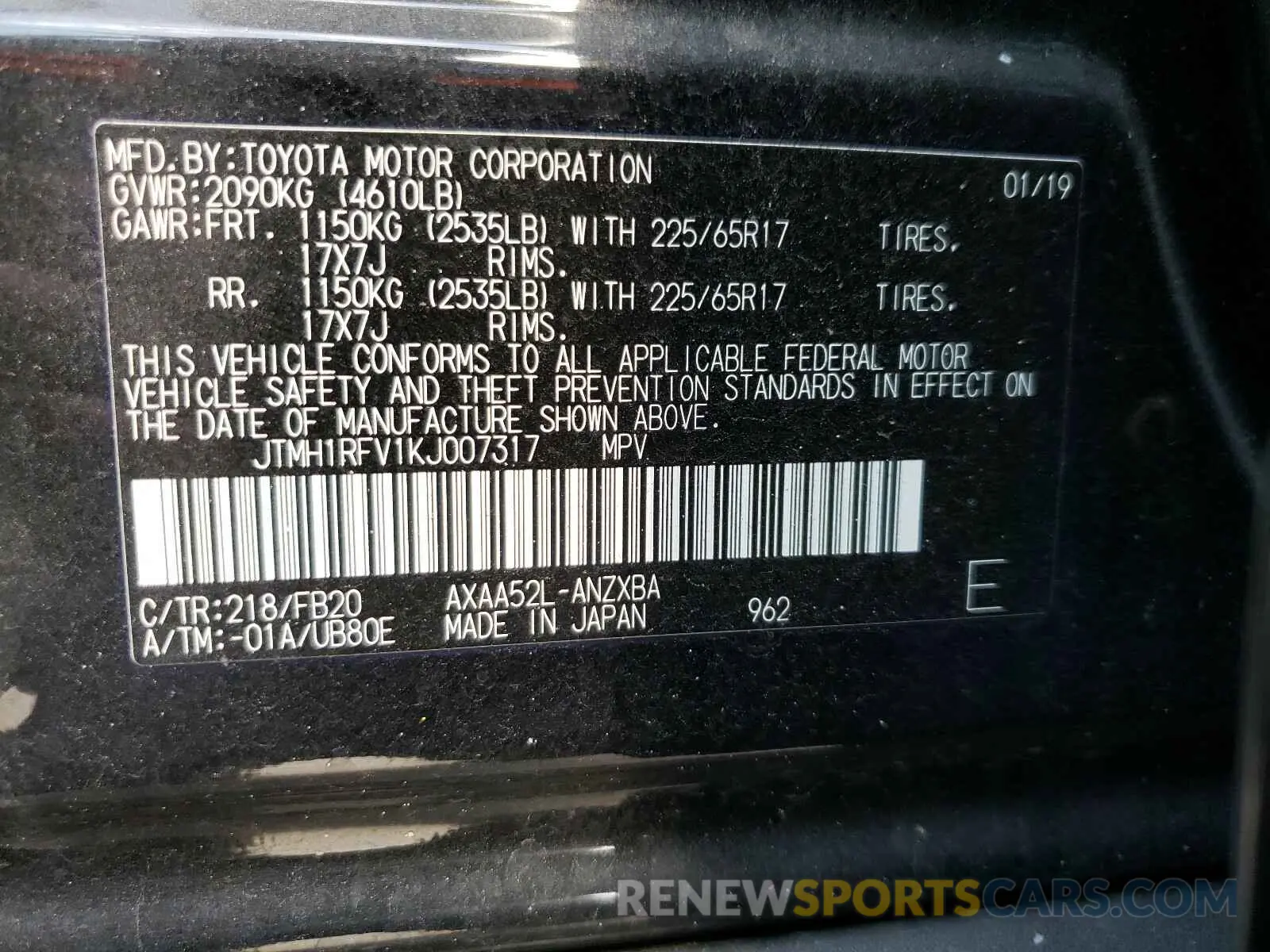 10 Photograph of a damaged car JTMH1RFV1KJ007317 TOYOTA RAV4 2019