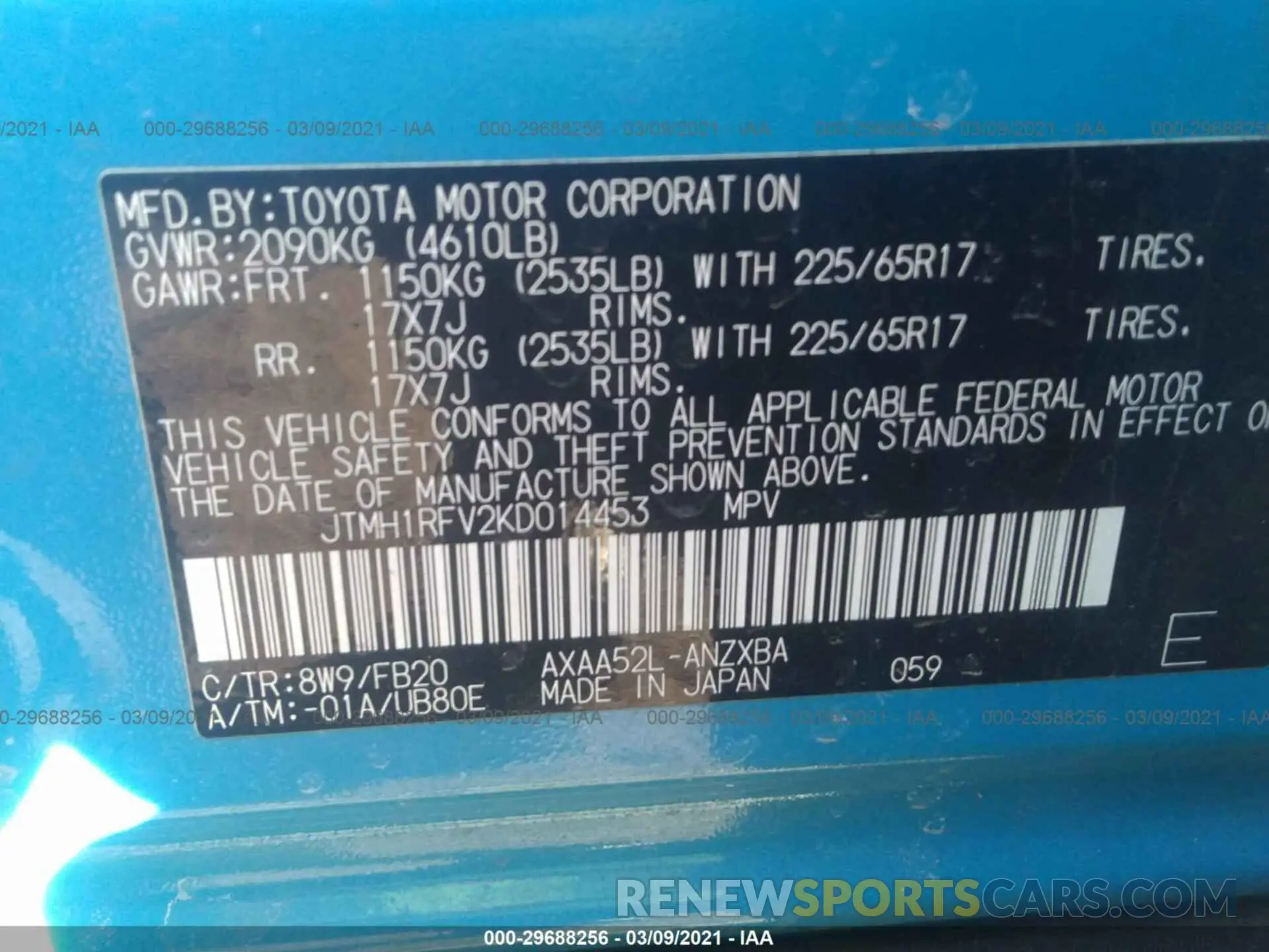 9 Photograph of a damaged car JTMH1RFV2KD014453 TOYOTA RAV4 2019