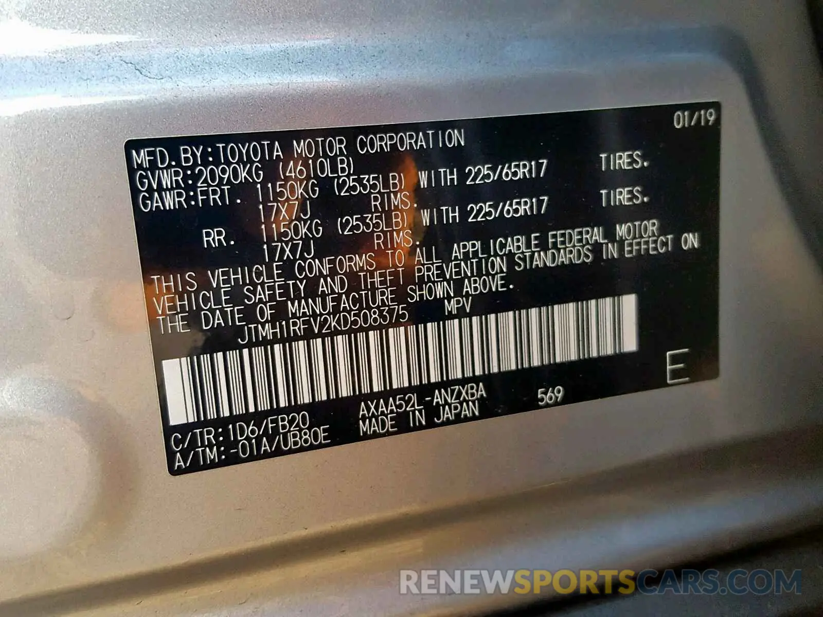 10 Photograph of a damaged car JTMH1RFV2KD508375 TOYOTA RAV4 2019