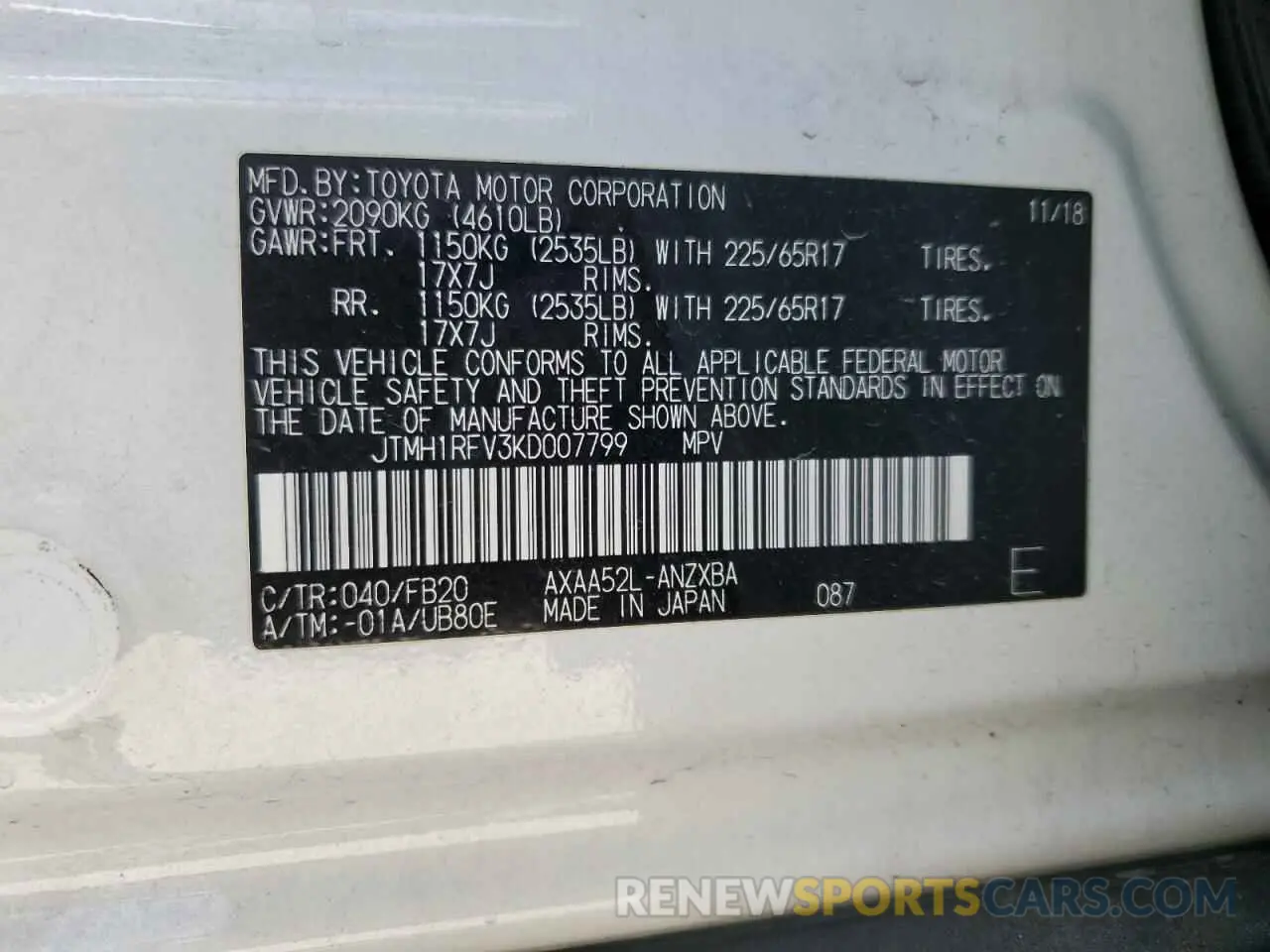 14 Photograph of a damaged car JTMH1RFV3KD007799 TOYOTA RAV4 2019