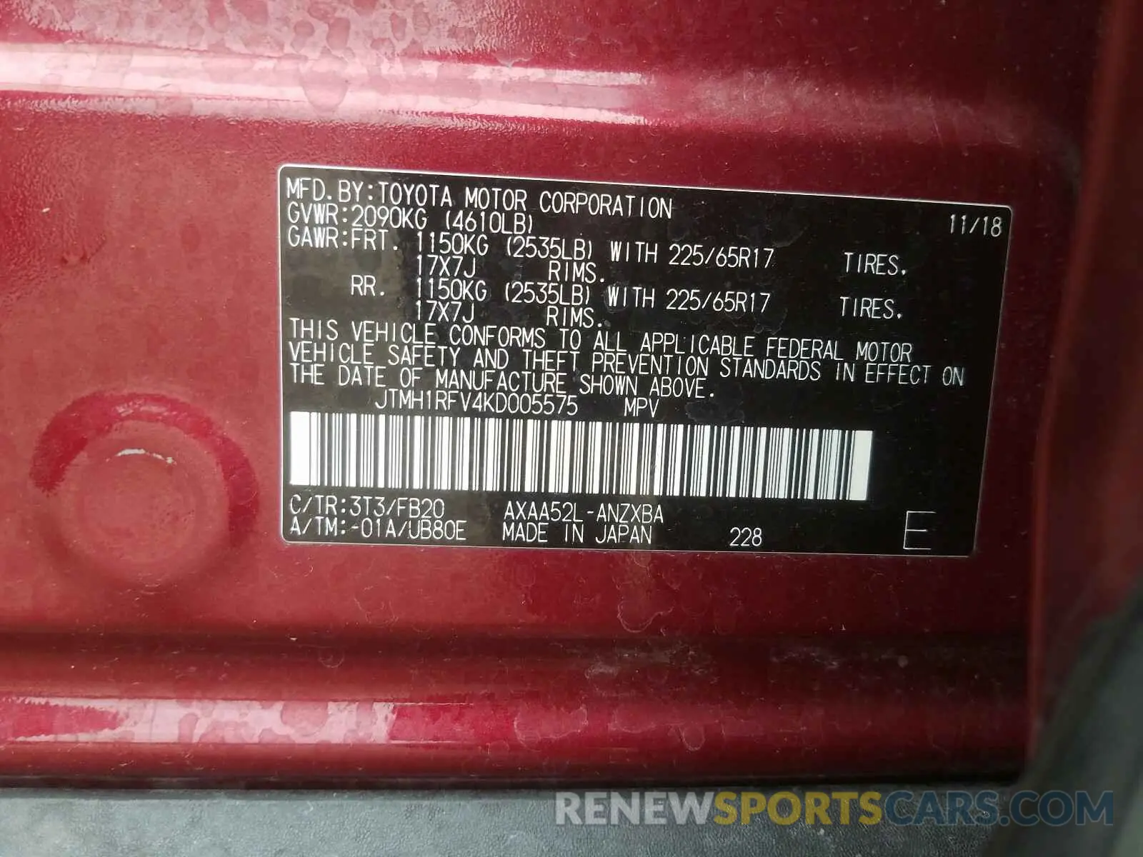 10 Photograph of a damaged car JTMH1RFV4KD005575 TOYOTA RAV4 2019