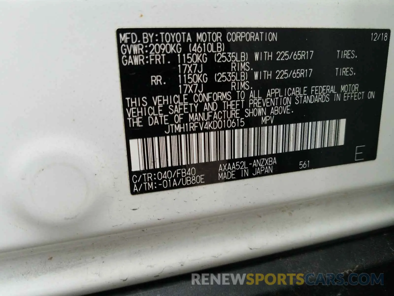 10 Photograph of a damaged car JTMH1RFV4KD010615 TOYOTA RAV4 2019