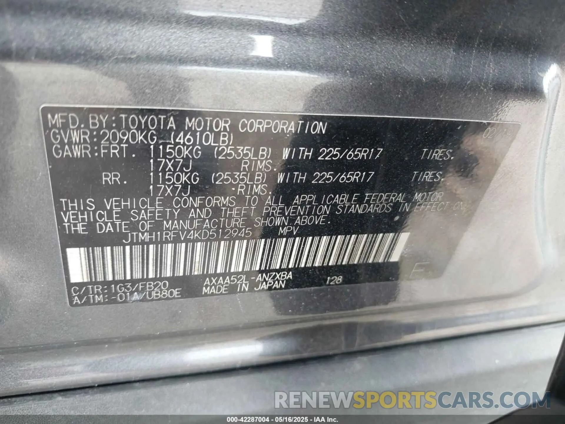 9 Photograph of a damaged car JTMH1RFV4KD512945 TOYOTA RAV4 2019