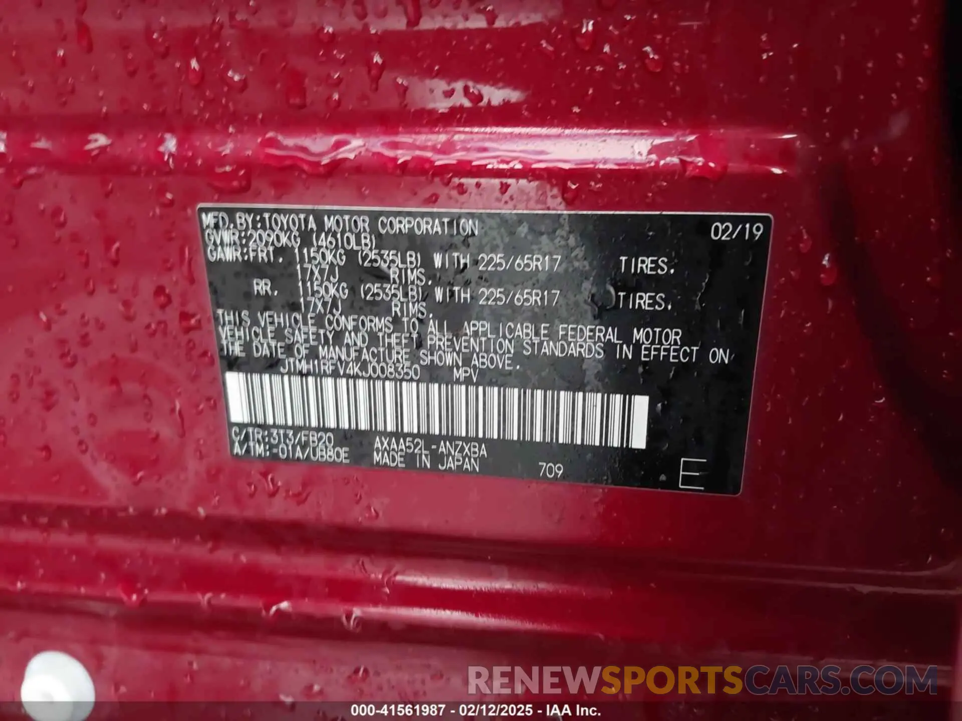 9 Фотография поврежденного автомобиля JTMH1RFV4KJ008350 TOYOTA RAV4 2019