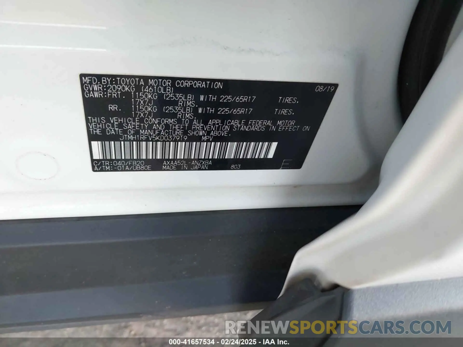 9 Фотография поврежденного автомобиля JTMH1RFV5KD037919 TOYOTA RAV4 2019