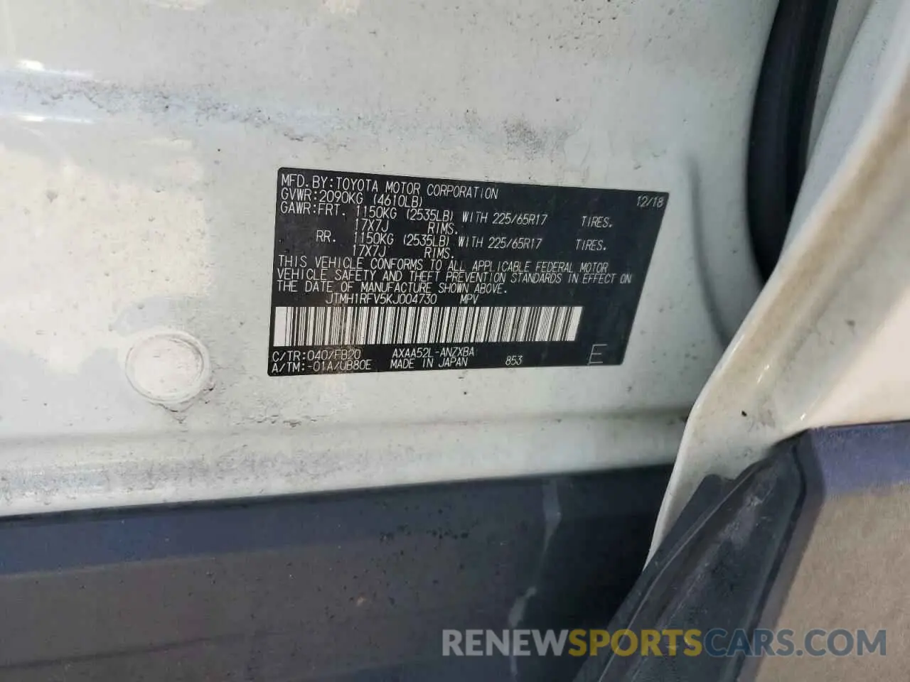 13 Photograph of a damaged car JTMH1RFV5KJ004730 TOYOTA RAV4 2019