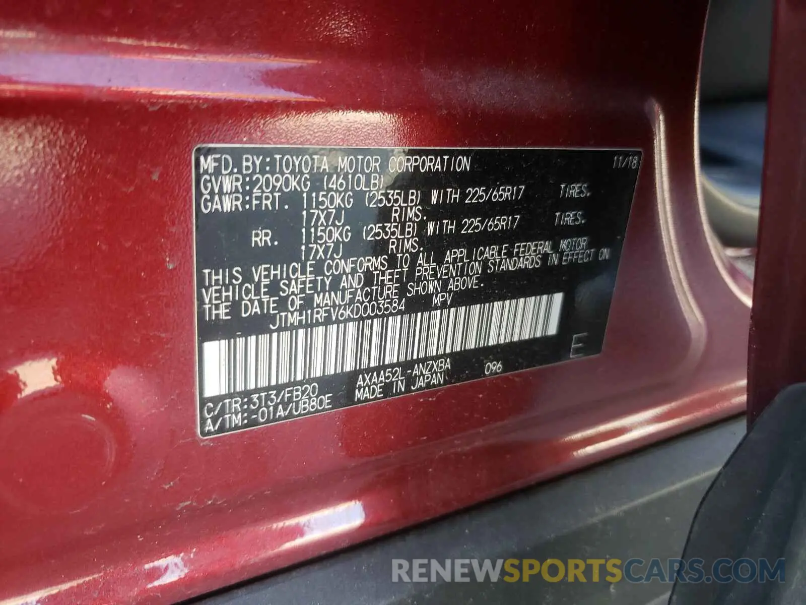 10 Photograph of a damaged car JTMH1RFV6KD003584 TOYOTA RAV4 2019