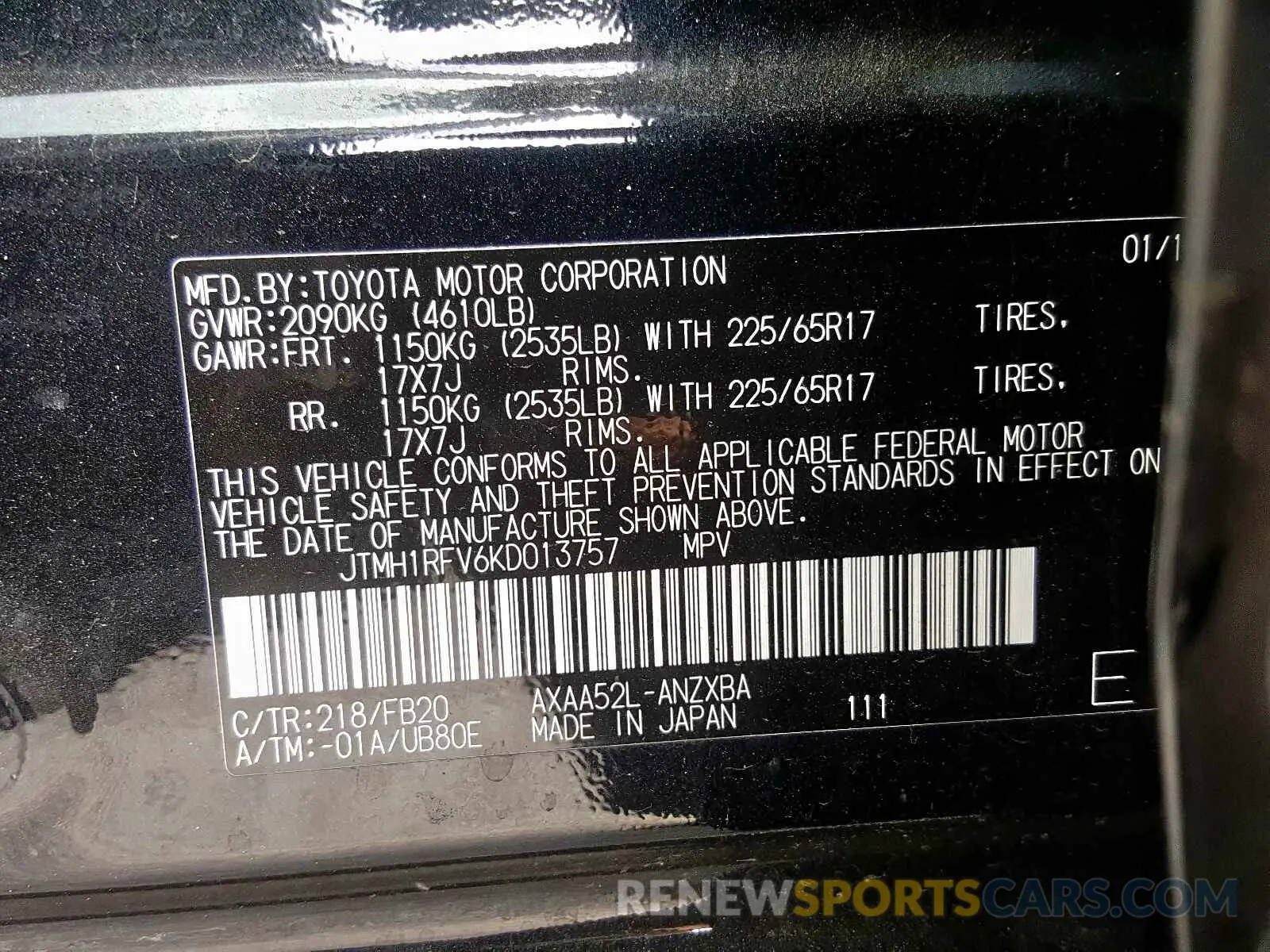 10 Photograph of a damaged car JTMH1RFV6KD013757 TOYOTA RAV4 2019