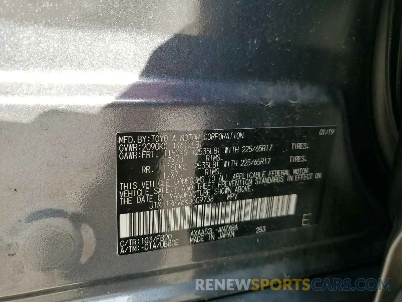 13 Фотография поврежденного автомобиля JTMH1RFV6KD509738 TOYOTA RAV4 2019