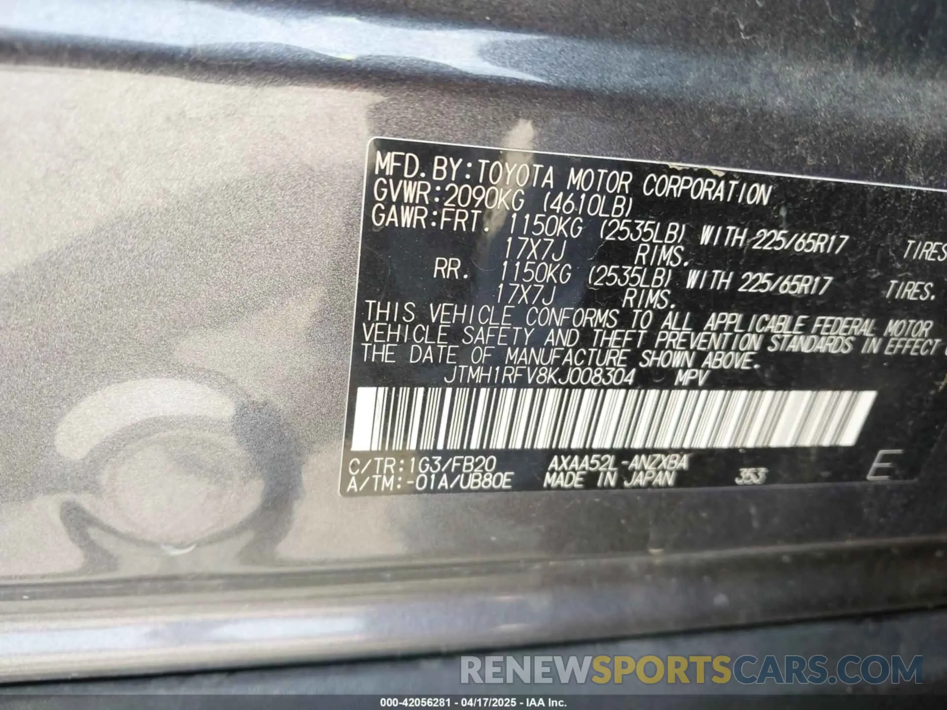 9 Фотография поврежденного автомобиля JTMH1RFV8KJ008304 TOYOTA RAV4 2019