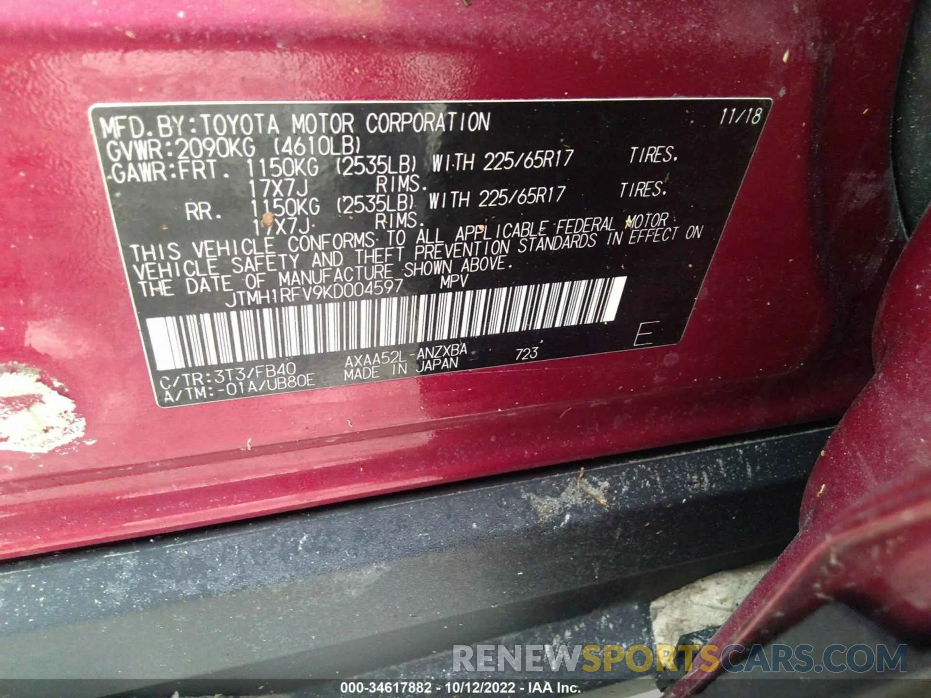 9 Фотография поврежденного автомобиля JTMH1RFV9KD004597 TOYOTA RAV4 2019