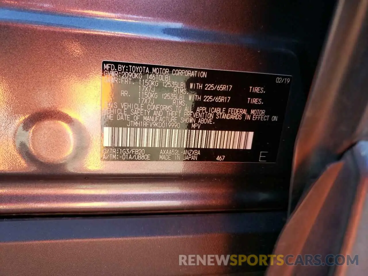 14 Photograph of a damaged car JTMH1RFV9KD019990 TOYOTA RAV4 2019