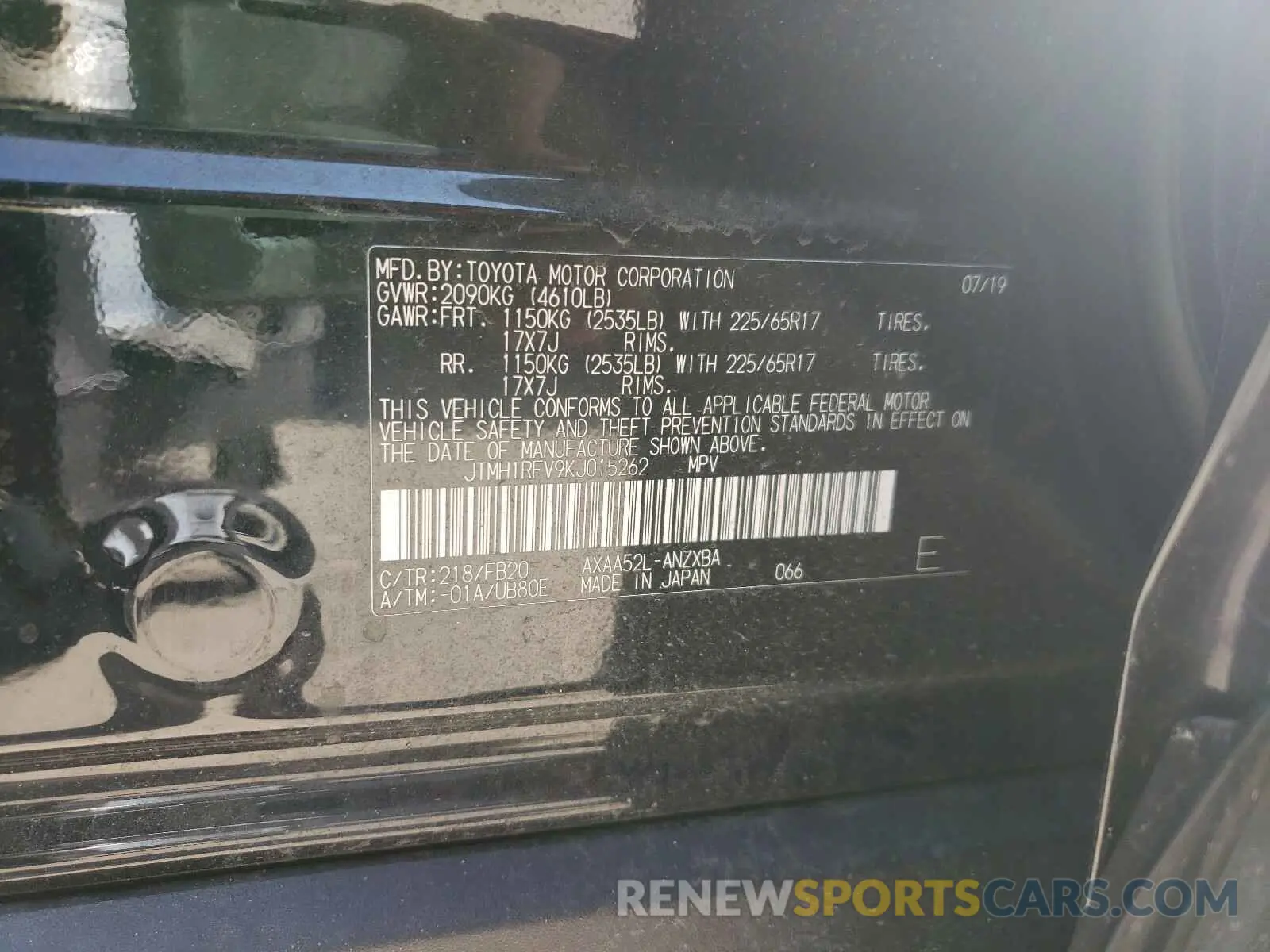 10 Фотография поврежденного автомобиля JTMH1RFV9KJ015262 TOYOTA RAV4 2019