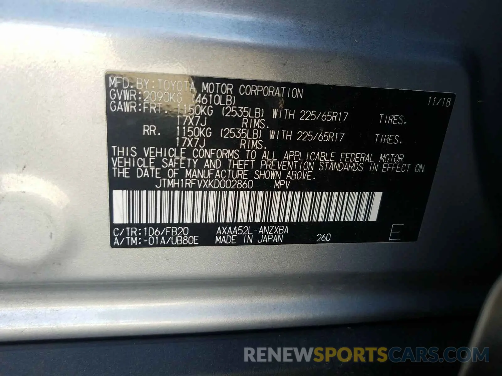 10 Photograph of a damaged car JTMH1RFVXKD002860 TOYOTA RAV4 2019