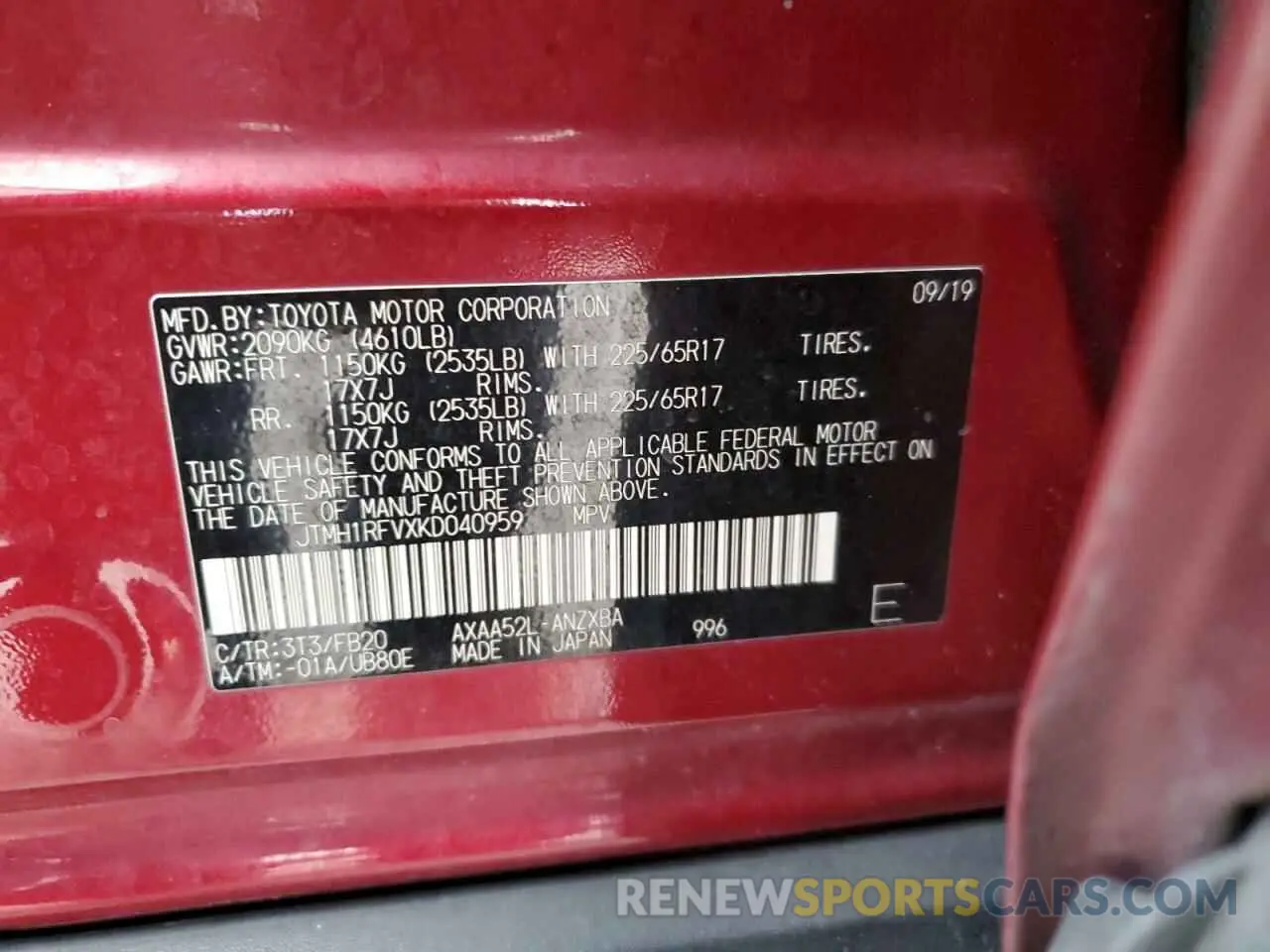 13 Фотография поврежденного автомобиля JTMH1RFVXKD040959 TOYOTA RAV4 2019