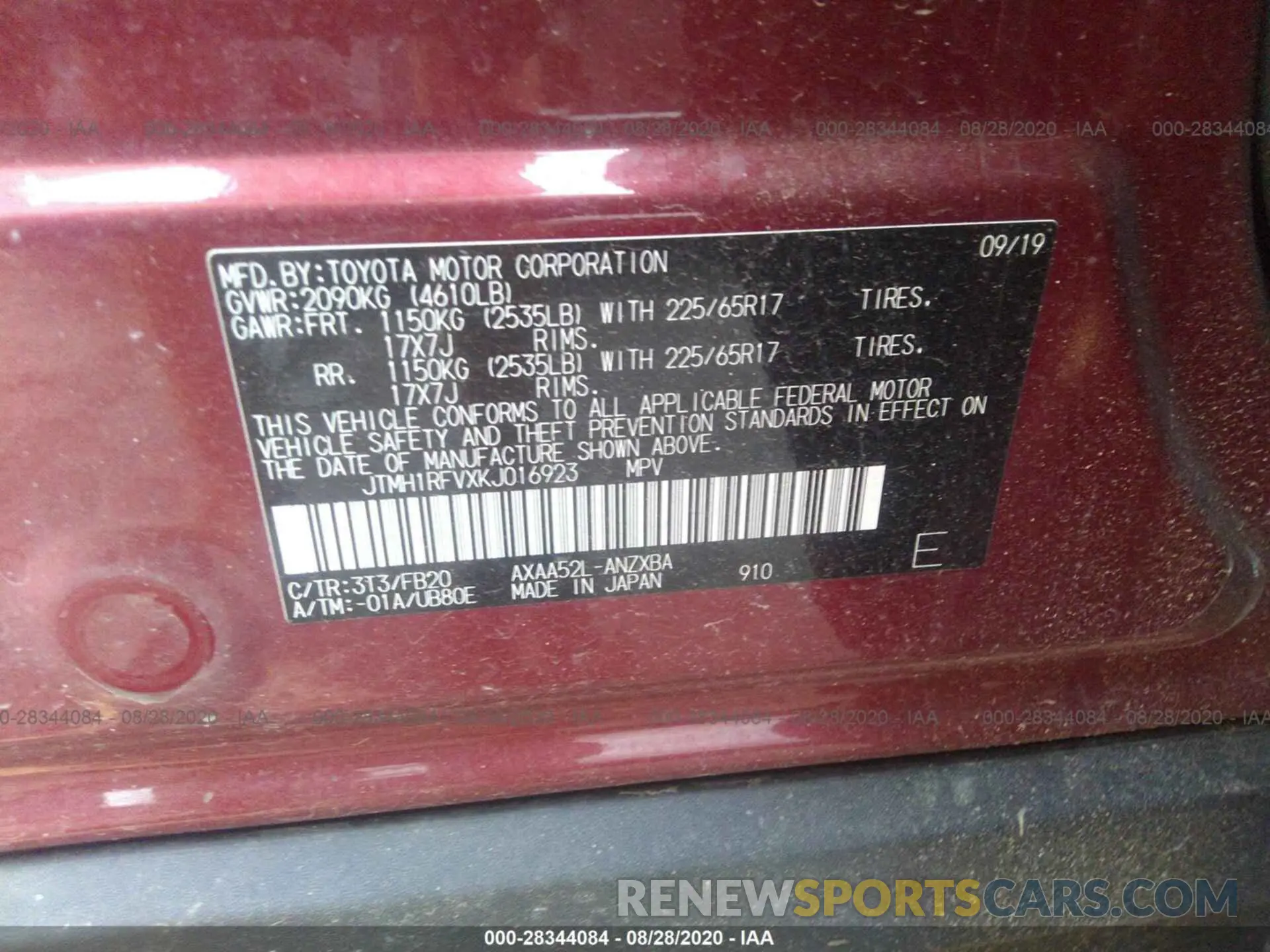 9 Фотография поврежденного автомобиля JTMH1RFVXKJ016923 TOYOTA RAV4 2019
