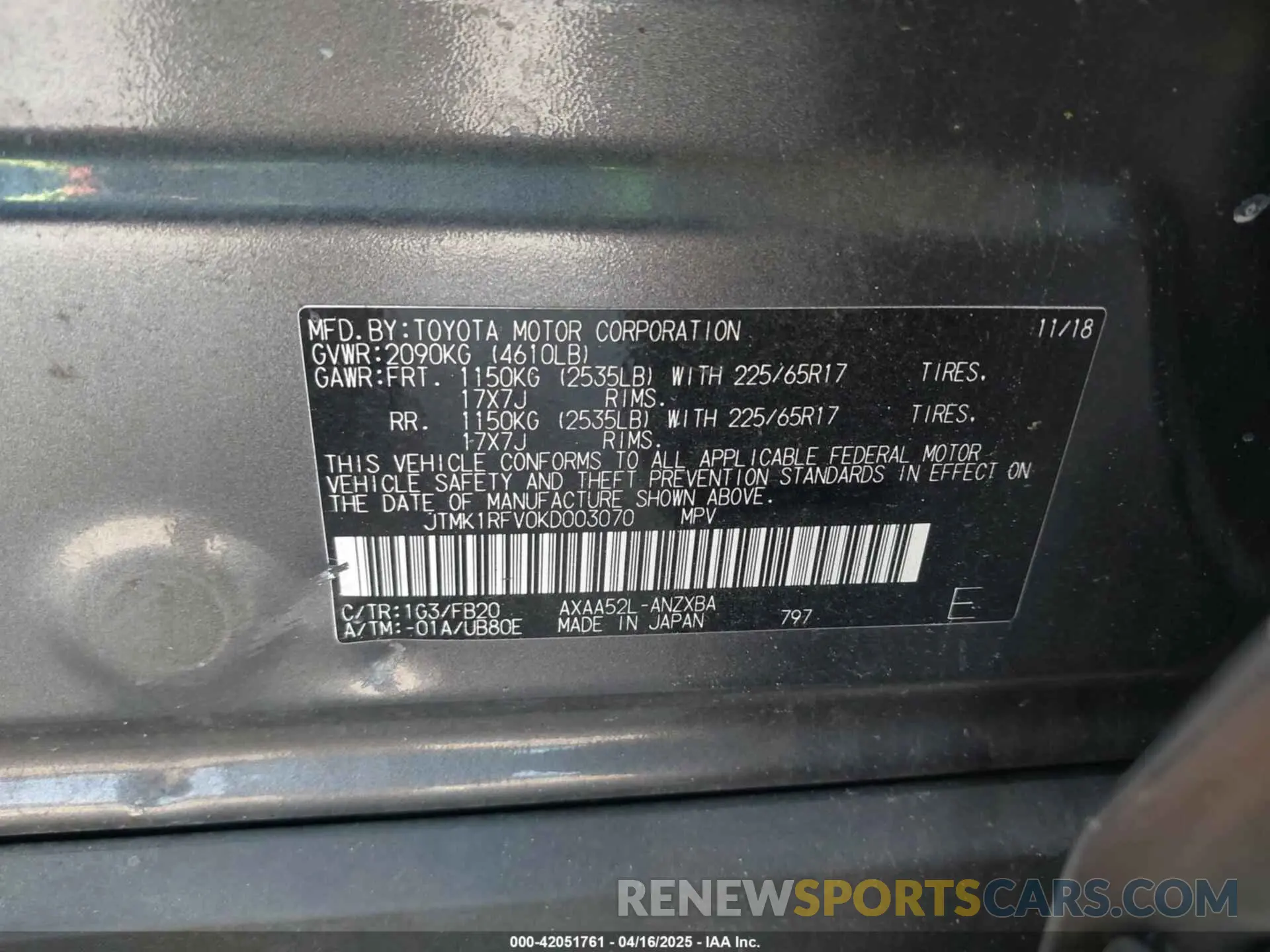 9 Фотография поврежденного автомобиля JTMK1RFV0KD003070 TOYOTA RAV4 2019