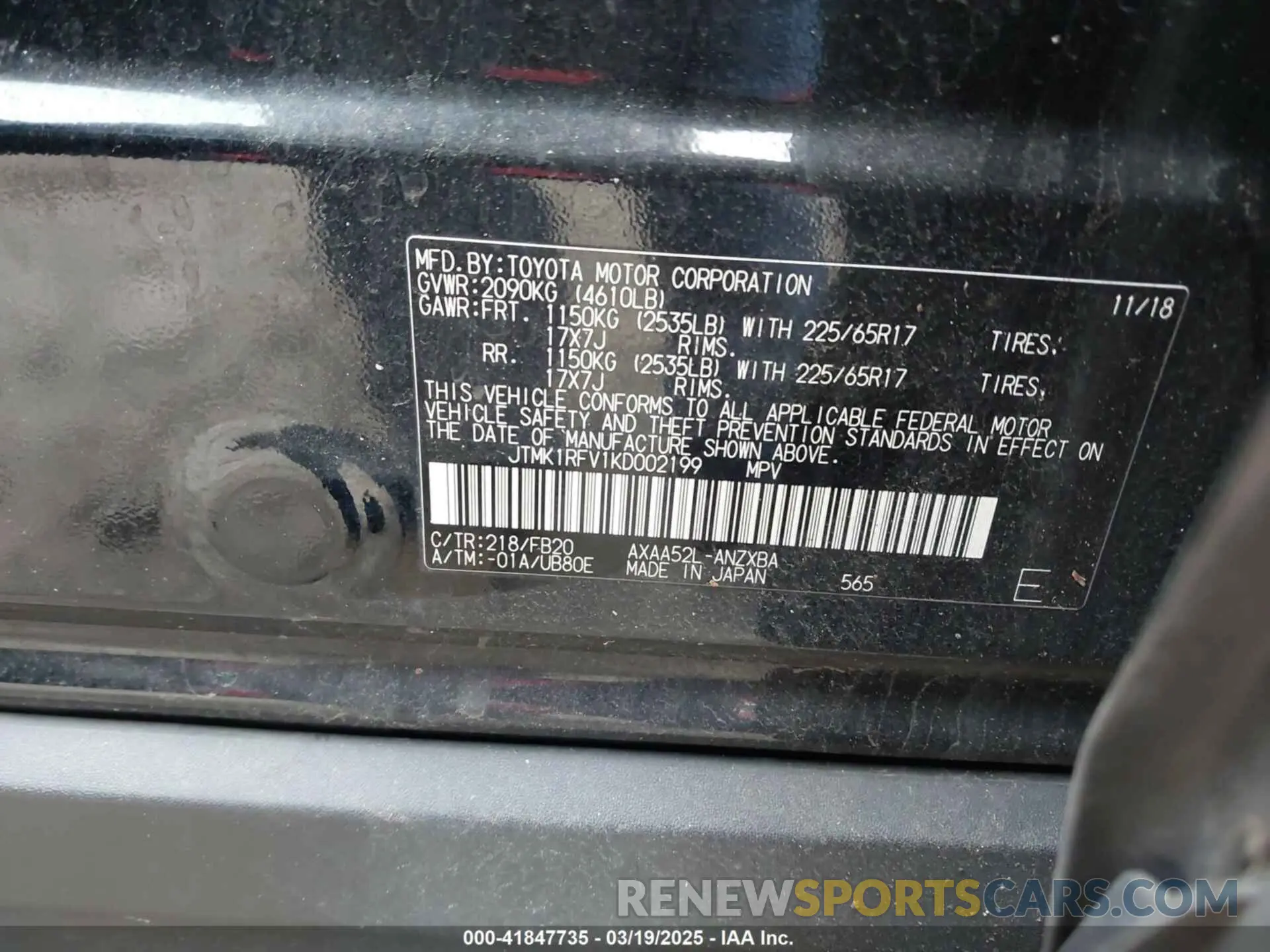 9 Фотография поврежденного автомобиля JTMK1RFV1KD002199 TOYOTA RAV4 2019