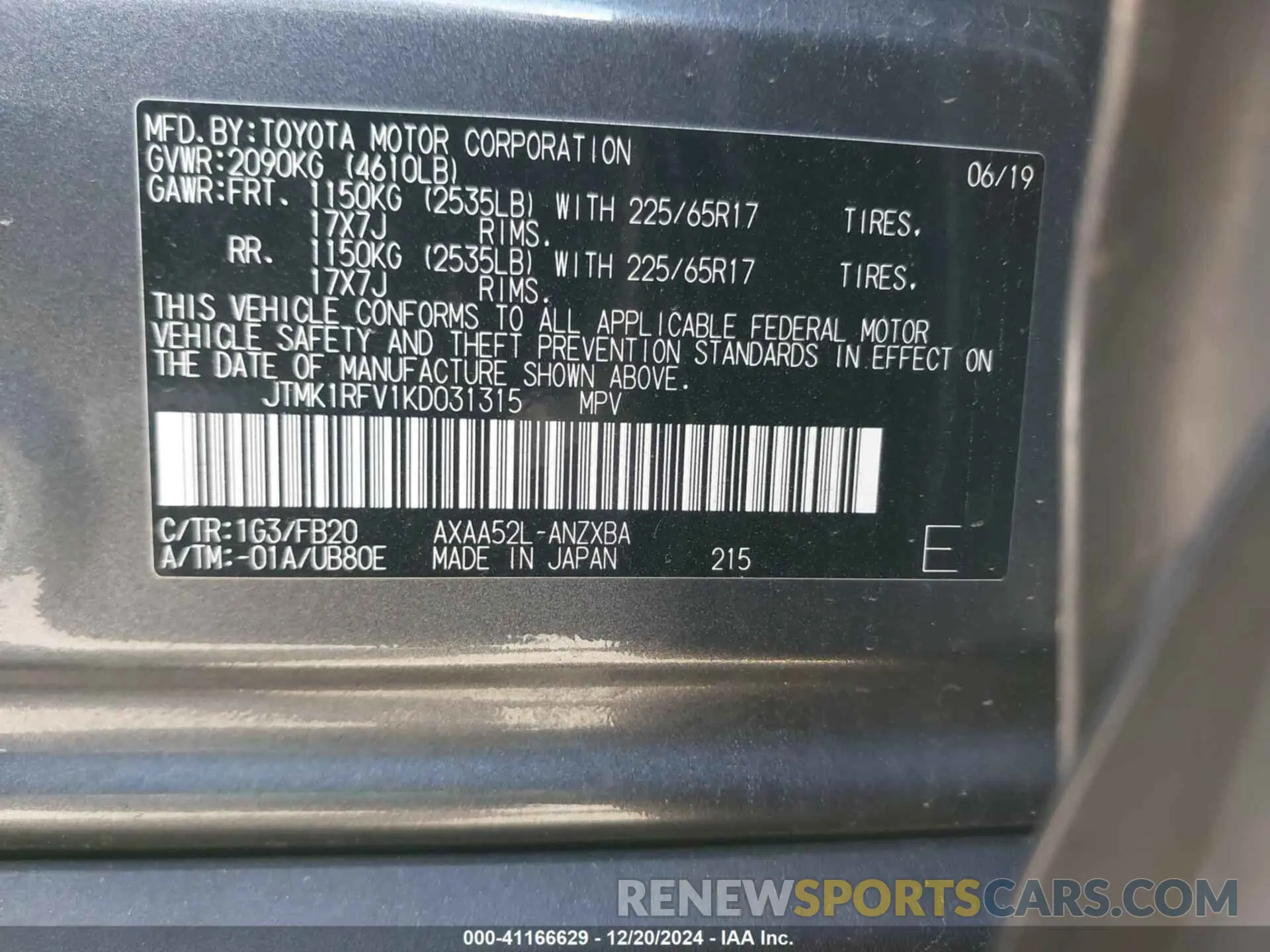 9 Фотография поврежденного автомобиля JTMK1RFV1KD031315 TOYOTA RAV4 2019
