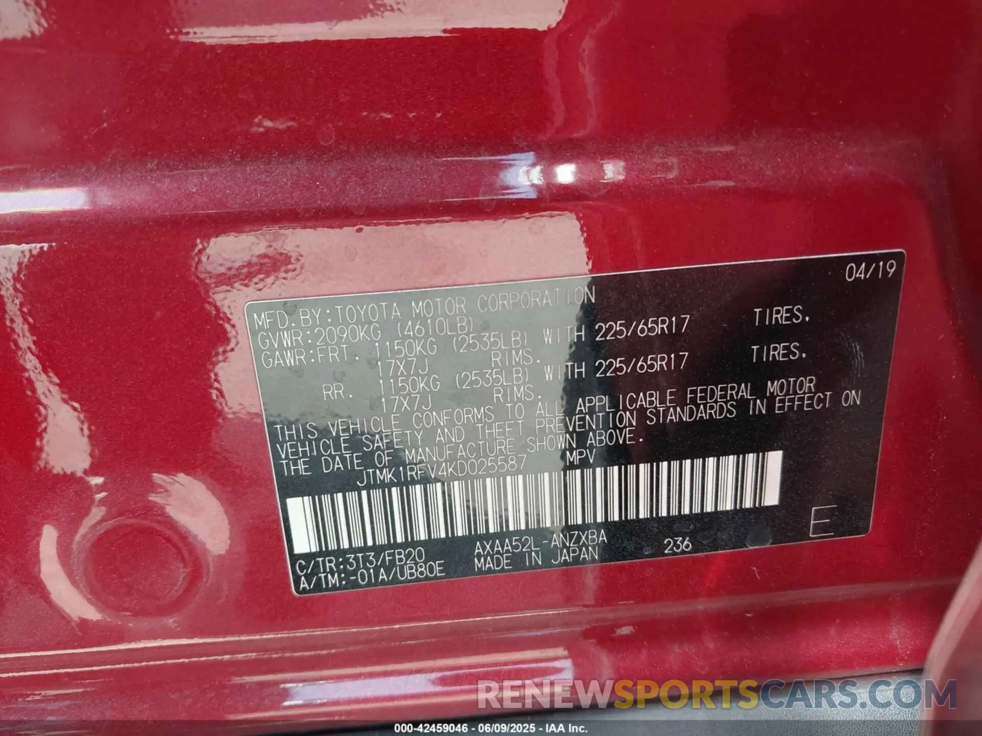 9 Photograph of a damaged car JTMK1RFV4KD025587 TOYOTA RAV4 2019